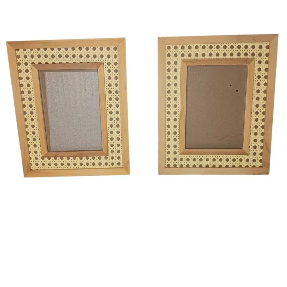 2 Boho Rattan Wicker & Wood Photo Frames Tabletop Or Wall 8.75x10.75 Photo 5x7